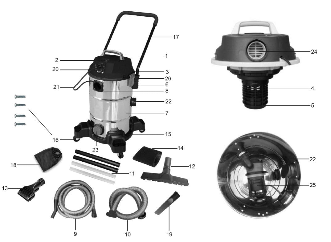 COIL Aspirador de lodo de estanque, limpiador de piscinas, depósito (35 l), potencia de succión: 18 KPa, bomba de drenaje de 600 W, 1400 W