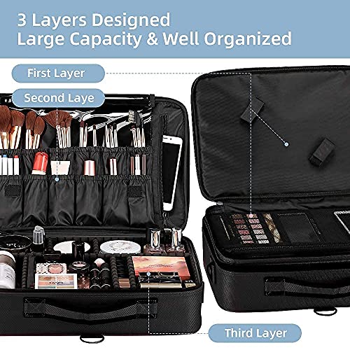 GZCZ 3 Layers Large Capacity Travel Professional Makeup Train Case Cosmetic Brush Organizer Portable Artist Storage bag 16.5 inches with Adjustable Dividers and shoulder strap for Make up Accessories
