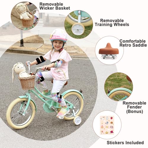 Image of Glerc Little Molly 12-20 Inch Kids Retro Cruiser Bike for 2-13 Year Old with Wicker Basket & Training Wheels /Kickstand, Multiple Colors