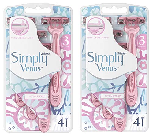 Simply Venus 3 Blade Disposable Razors, with Moisture Rich Strip, 4 Count (2 Pack)