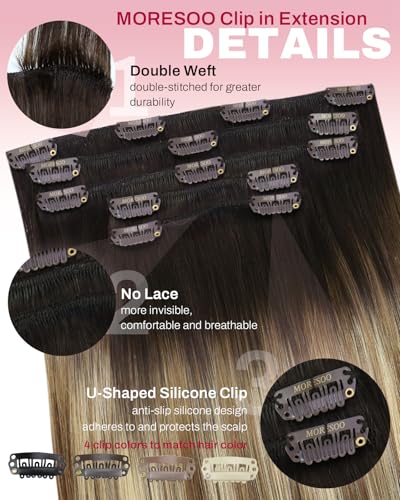 Image of Moresoo Clip in Hair Extensions Brown Blonde Balayage for Fine Hair | Hair extensions clip ins short, ombre dark to light brown with bleach blonde, 12 inch 80g 5pcs for short daily styles
