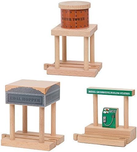 Torre de agua, tolva de carbón, estación de combustible diésel, paquete combinado para ferrocarril de madera compatible con Thomas, Chuggington, Brio