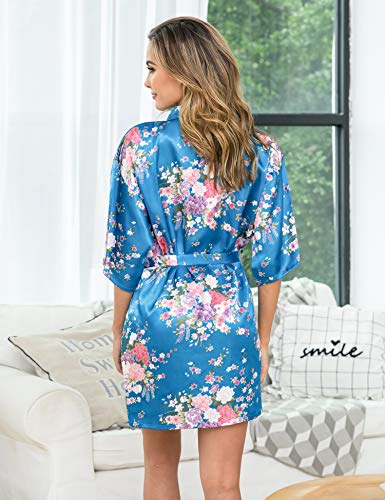Aibrou Women's Floral Satin Robe Short Silk Bridesmaid Bathrobe Dressing Gown Wedding Kimono Sleepwear Lake Blue - Thumbnail 2