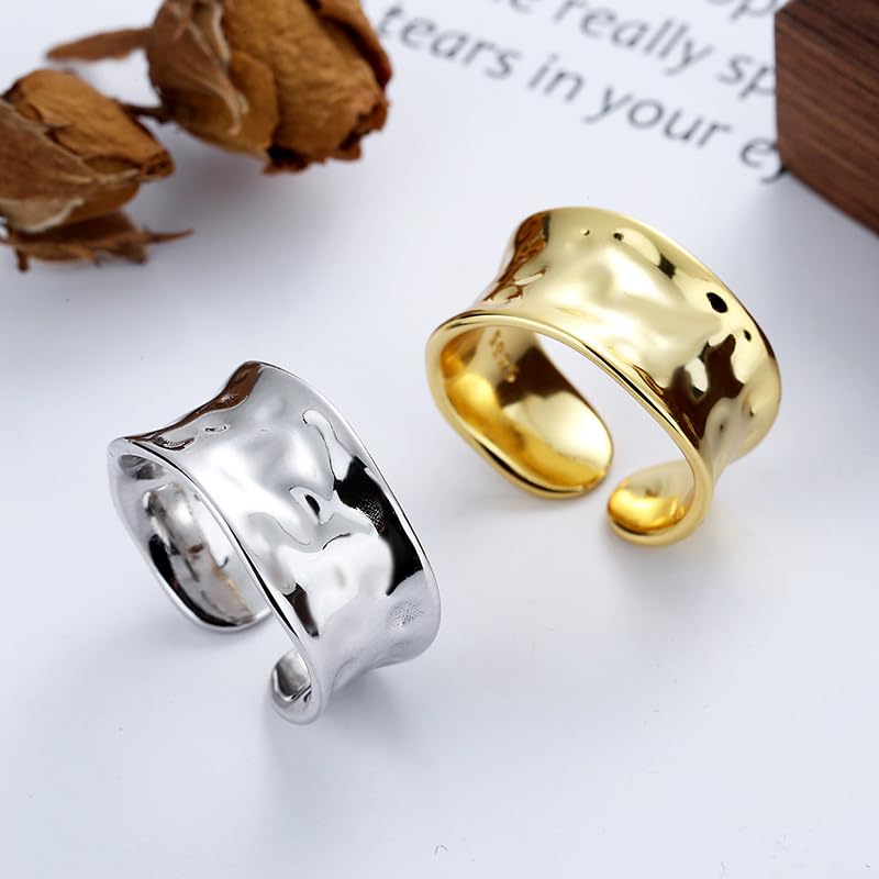 Ringe Silber,Leichter Luxuriöser Gehämmerter 925 Sterling Silber Ring Band Stapelbarer Daumen Goldring für Frauen Mädchen Minimalistischer Plissierter Offener Größenverstellbarer Ring