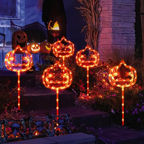 Halloween Kürbis Geister Solarlampen für Außen Garten 5er-Set,Wasserfest Solarleuchten für Terrasse & Wegbeleuchtung, Outdoor Draußen Grusel...