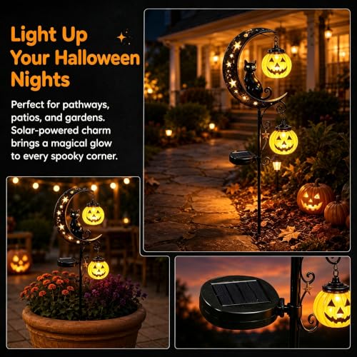 Solar Halloween Black Cat & Pumpkin Moon Garden Stake Light, Metal Crescent Moon & Pumpkin Lantern, Outdoor Waterproof LED Yard Decoration with Crescent Moon, for Patio Lawn Path Yard (B #) - image 9