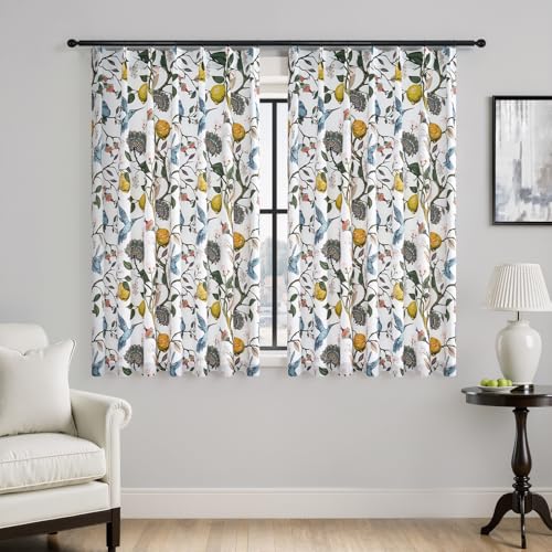 Image of White Kitchen Tier Curtains 36 Inches Long,Botanical Floral Lemon & Hummingbird Pinch Pleated Half Window Drapes Room Darkening for Kitchen RV Cafe Basement Bathroom Dining Room,2 Panels