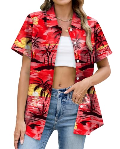 NQIQO Beach Shirts for Women Summer Hawaiian Outfits Short Sleeve Button Down Tropical Clothes S