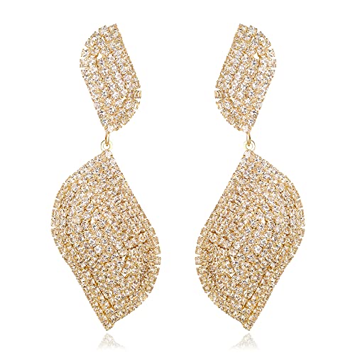 Crysdue Wedding Bridal Crystal Leaf Chandelier Drop Earrings, Silver/Black/Gold Plated Prom Statement Dangle Earrings for Women