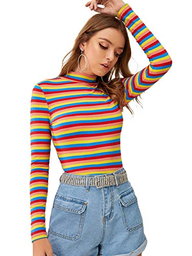 Floerns Women's High Neck Long Sleeve Slim Fit Stretch Striped T-Shirts, Multi-1, M