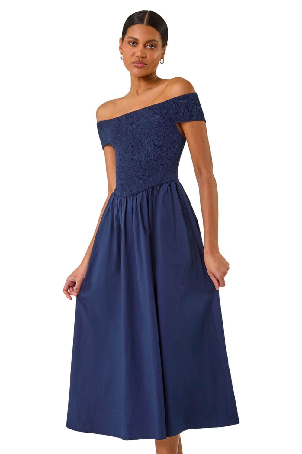 Roman Women's Navy Plain Shirred Cotton Midi Dress In | Size: 18