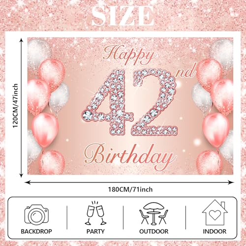 Image of Happy 42nd Birthday Rose Gold Banner Cheers to 42 Years Old Backdrop Confetti Balloons Theme Decor for Women 42 Years Old Pink Birthday Party Decorations Bday Supplies Background Favors Gift Glitter