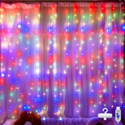 Ollny Rideau lumineux LED - 2 x 2 m - 200 LED - Rideau lumineux intérieur USB - Guirlande...