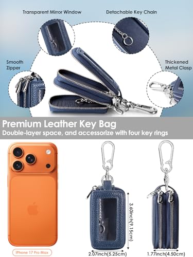 Image of Keychain, Works with Apple Find My, Key Finder Built-in Anti-Loss Tracker, Leather Car Fob Key Holder, Double-Layer Car Key Chains with Global Locator Tracking, Rechargeable (Navy Blue)