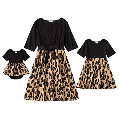 IMEKIS Mor dotter matchande klänning kvinnor flickor kortärmad vardaglig sommar boho klänning mamma och jag leopardränder tryck solklänning familj matchande kläder, Leopard, XL