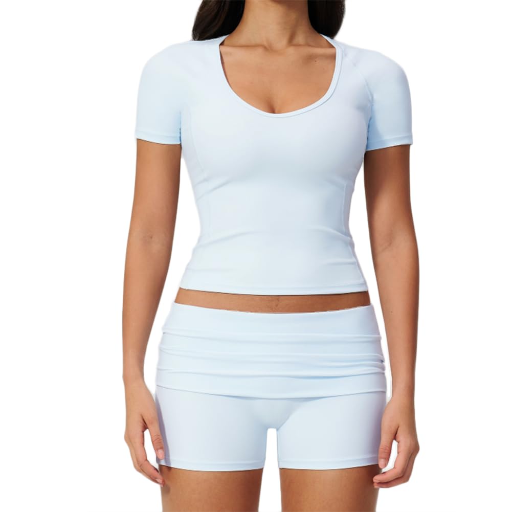 XYFfybhsd Women's 2-Piece Workout Set, U-Neck Short Sleeve Compression Top & Fold-Over High Waist Biker Shorts(Size:L,Color:Blue)