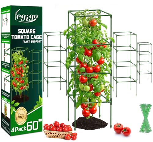 Legigo 4 Pack Square Tomato Cages- 60 Inch Heavy Duty Tomato Trellis for Climbing Plants Outdoor, Tomato Plant Support Stakes Cage Garden Trellis for Garden Raised Garden Bed Cucumbers Vegetables