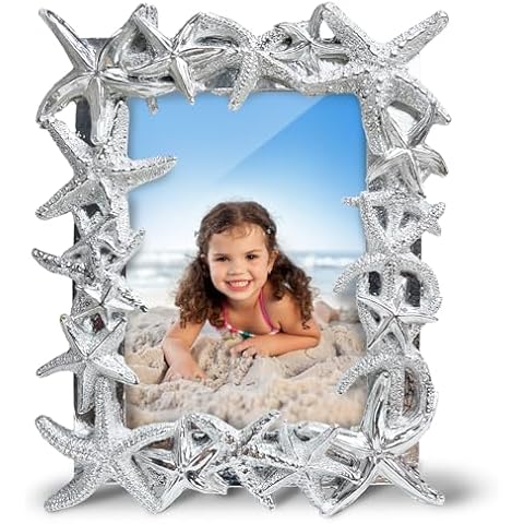 5x7 Picture Frame Silver Starfish Textured Hand Painted Resin Beach Photo Frame Christmas Decorations Picture Frame for Tabletop or Wall Hanging Display Beach Art Photo Frame and Christmas Gift Idea Cover