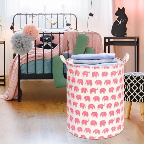 Image of Kids Laundry Hamper Clothes Gift Basket Storage Laundry Baskets Organizer Bin with Handles for Nursery Room (Pink Elephant)