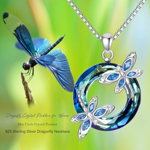 Dragonfly Crystal Necklace for Women 925 Sterling Silver Animal Blue Circle Crystal Pendant Birthday Jewelry Gifts for Daughter2