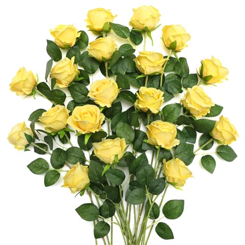 JUSTOYOU 20 PCS Yellow Rose Artificial Flower,Silk Blooming Rose with Stem,Artificial Rose Bouquet Realistic Flower for Home Table Office Party Wedding Garden Arrangements (yellow rose)