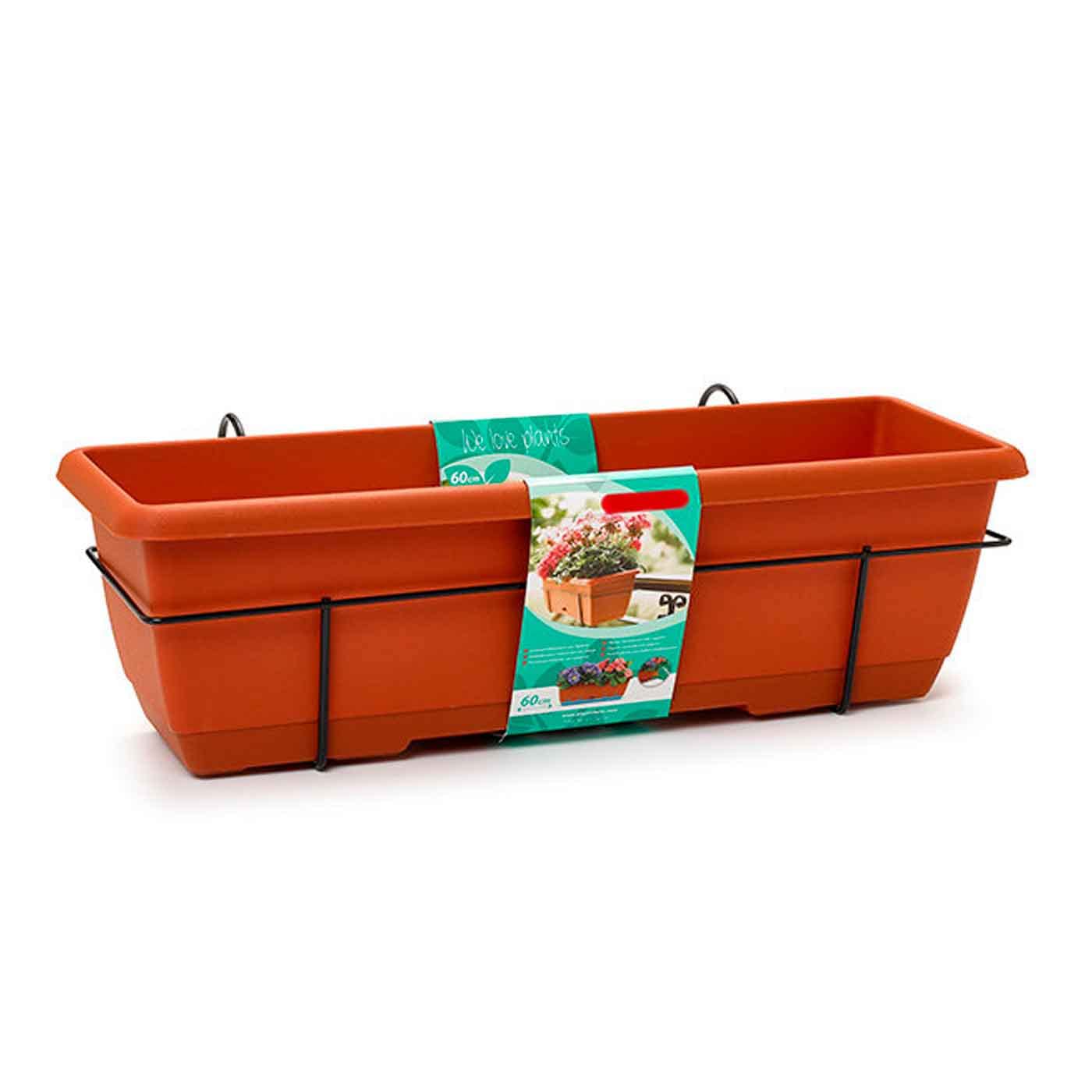 Acan Tradineur - Jardinera para balcón con Plato Integrado y Soporte metálico - PLFT - Fabricado en plástico - Capacidad de 12 litros - 17 x 60 x 19,5 cm - Color Marrón