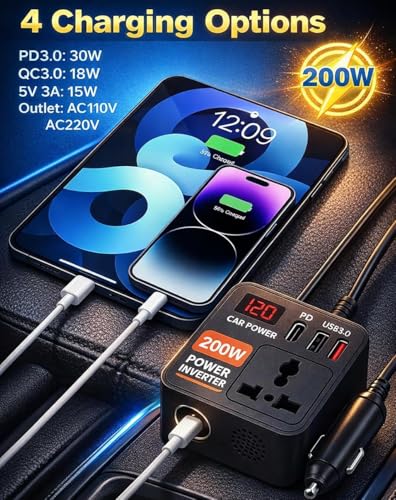 Image of 200W Car Power Inverter with 2 USB Ports (18W & 15W QC3.0), 1 USB-C 30W PD, and 2 AC Universal Outlets | 12V DC to 220V AC Converter for Laptop, Phone, and Electronics Charging