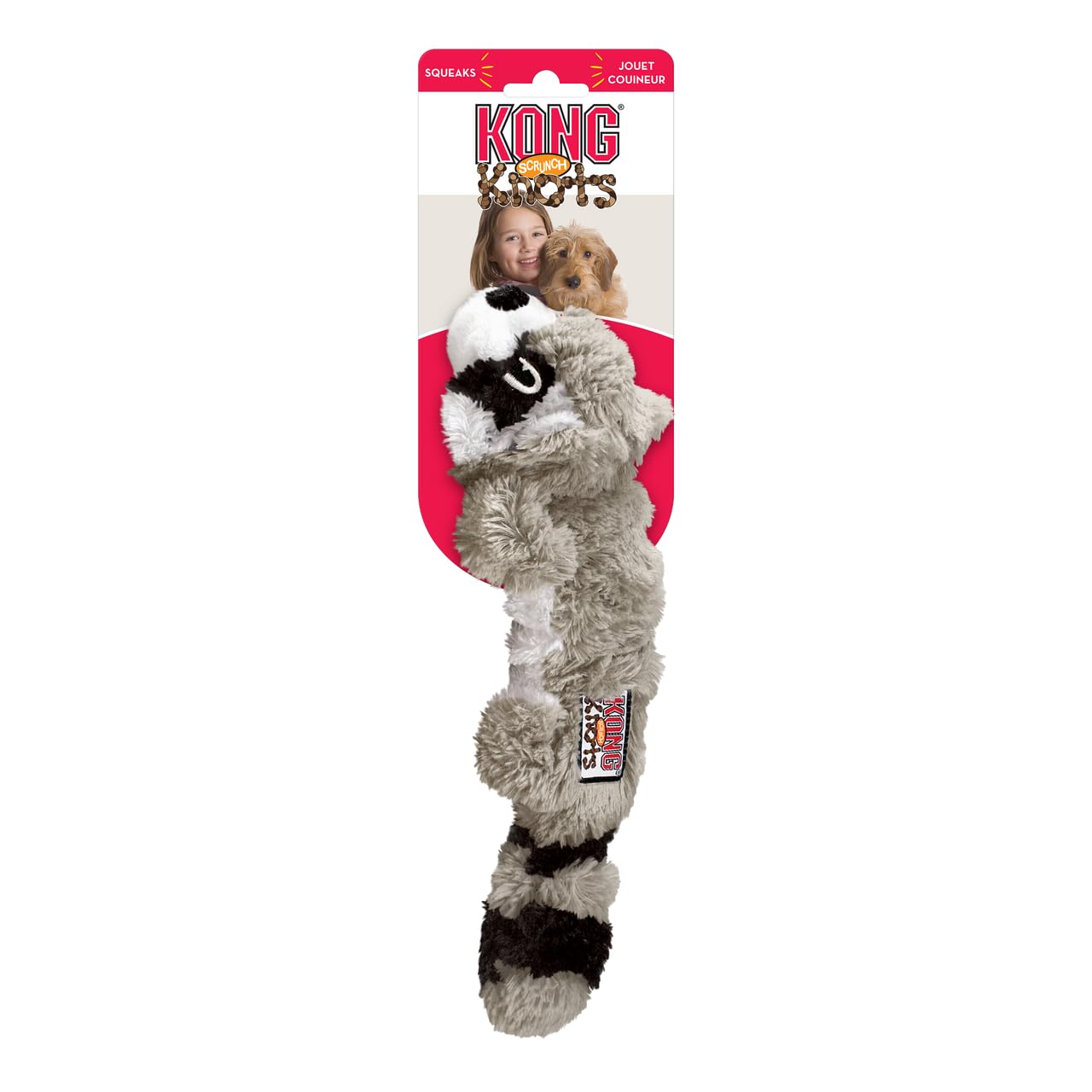 KONG Scrunch Knots Hundespielzeug, füllungsfreies Plüsch mit internen geknoteten Seilen & Quietscher, langlebiges Zerr- und Kauspielzeug (Eichhörnchen/Waschbär-Kombination, mittel/groß)