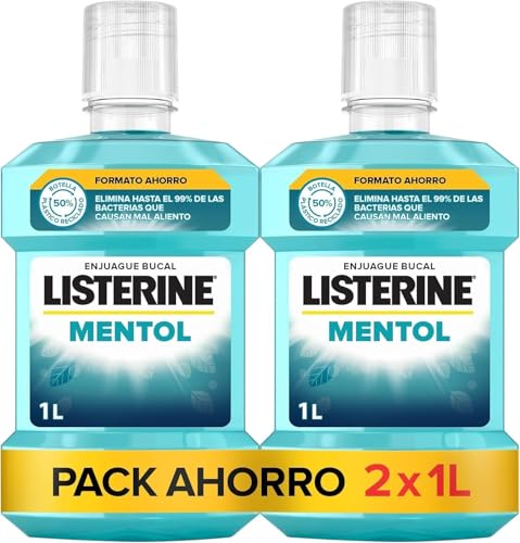 Listerine Mentol (pack de 2 x 1 L), enjuague bucal con flúor, colutorio bucal con 24 horas de protección, elixir bucal mentolado para un aliento fresco duradero