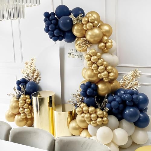 Image of Chrome Balloons, 50pcs Navy Blue Gold Chrome Metallic Balloons | Navy Blue Sand White Metallic Gold Balloon Garland Kit for Boys Men Birthday Wedding Anniversary Decoration