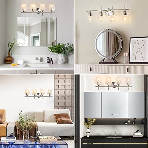 Image of foucasal Bathroom Light Fixtures 4-Light Brushed Nickel Bathroom Vanity Light with Clear Glass Shade, Modern Wall Lights for Bedroom Hallway Living Room (Nickel, 4-Light)