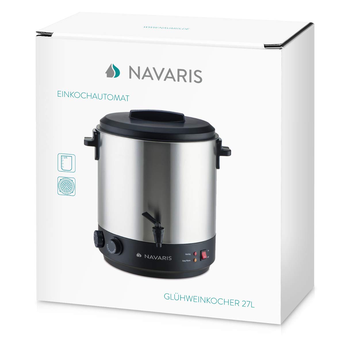 Navaris Glühweinkocher Einkochautomat - 27L Einkochtopf zum Einkochen - Glühweintopf Punschkocher mit Timer - Einmachtopf Einkocher Einweckautomat - Mit Zapfhahn - Rot