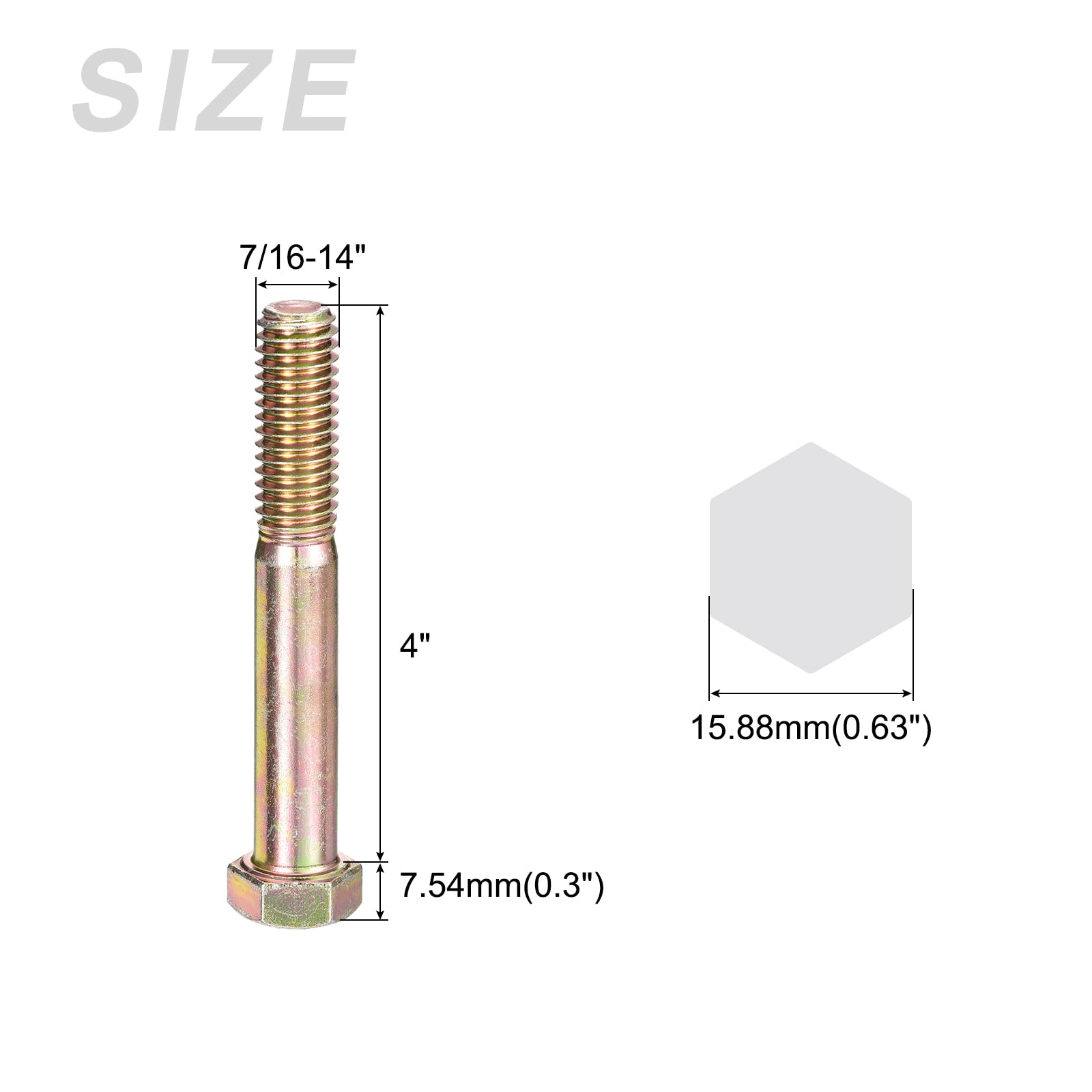 METALLIXITY Hex Bolts (7/16-14x4") 5Pcs, Carbon Steel Zinc Plated Partial Threaded, Coarse Thread UNC Hex Head Screw Bolt - Image 2