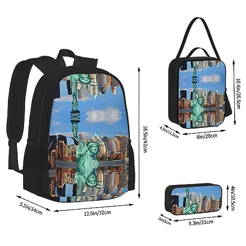 Sac à dos noir robuste avec sac à crayons imprimé Statue de la Liberté