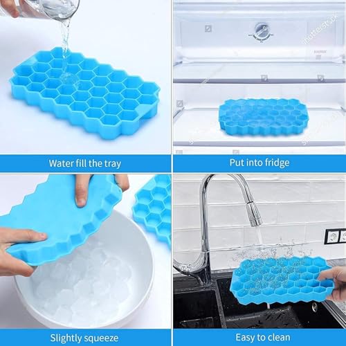 Image of Silicone Honeycomb 37 Cavity Ice Cube Tray for Freezer Moulds Small Cubes Whiskey Fridge Bar Soft Ice Cube Tray -Pack of 1-Blue COLUER