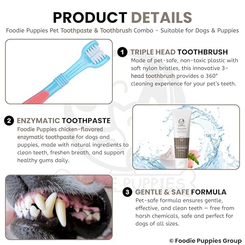 Image of Foodie Puppies Pet Dental /Oral Care Combo of Toothbrush and Toothpaste - (Triplehead Toothbrush + Chicken Toothpaste, 100g) | Removing Bad Breath, Tartar Dental Care Cleaning Combo