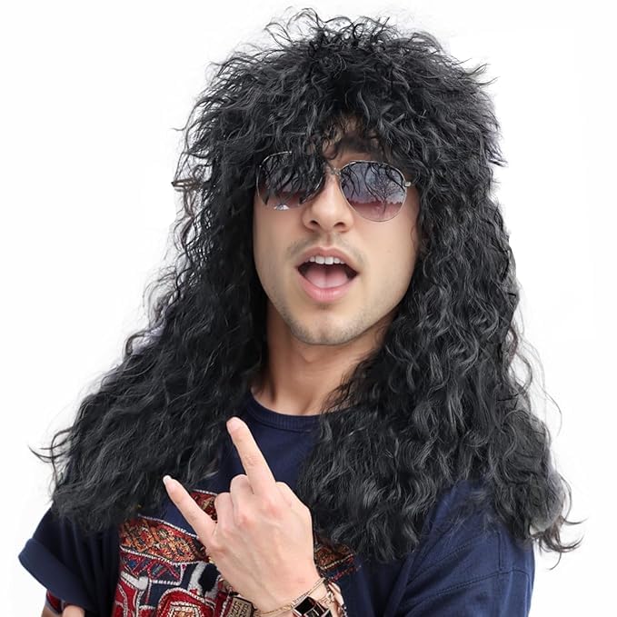 Mens 80s Wig Long Black Curly Mullet Wig Men Costume Heavy Metal Rocker for Costume Party Cosplay - Image 5