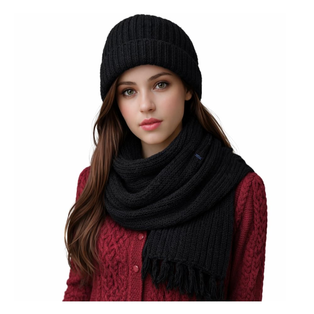 WOOLLEN KNITTED CAP WITH MUFFLER (SCARF) WARM AND COMFORT BLACK-image-26