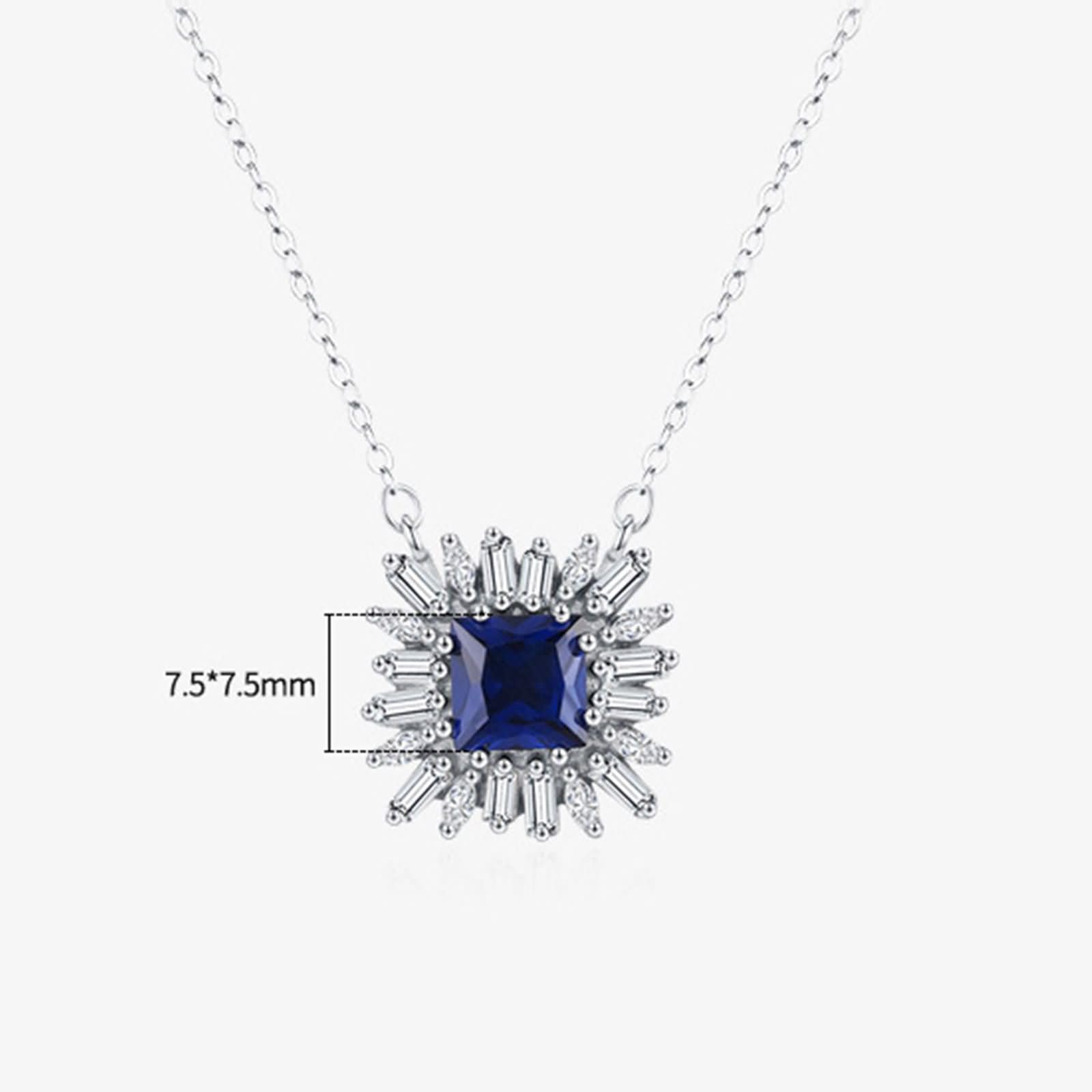 9K / 14K / 18K White Gold Necklace Women, Flower & Square with Created Sapphire and Moissanite, Pendant Silver Blue Women's Necklace