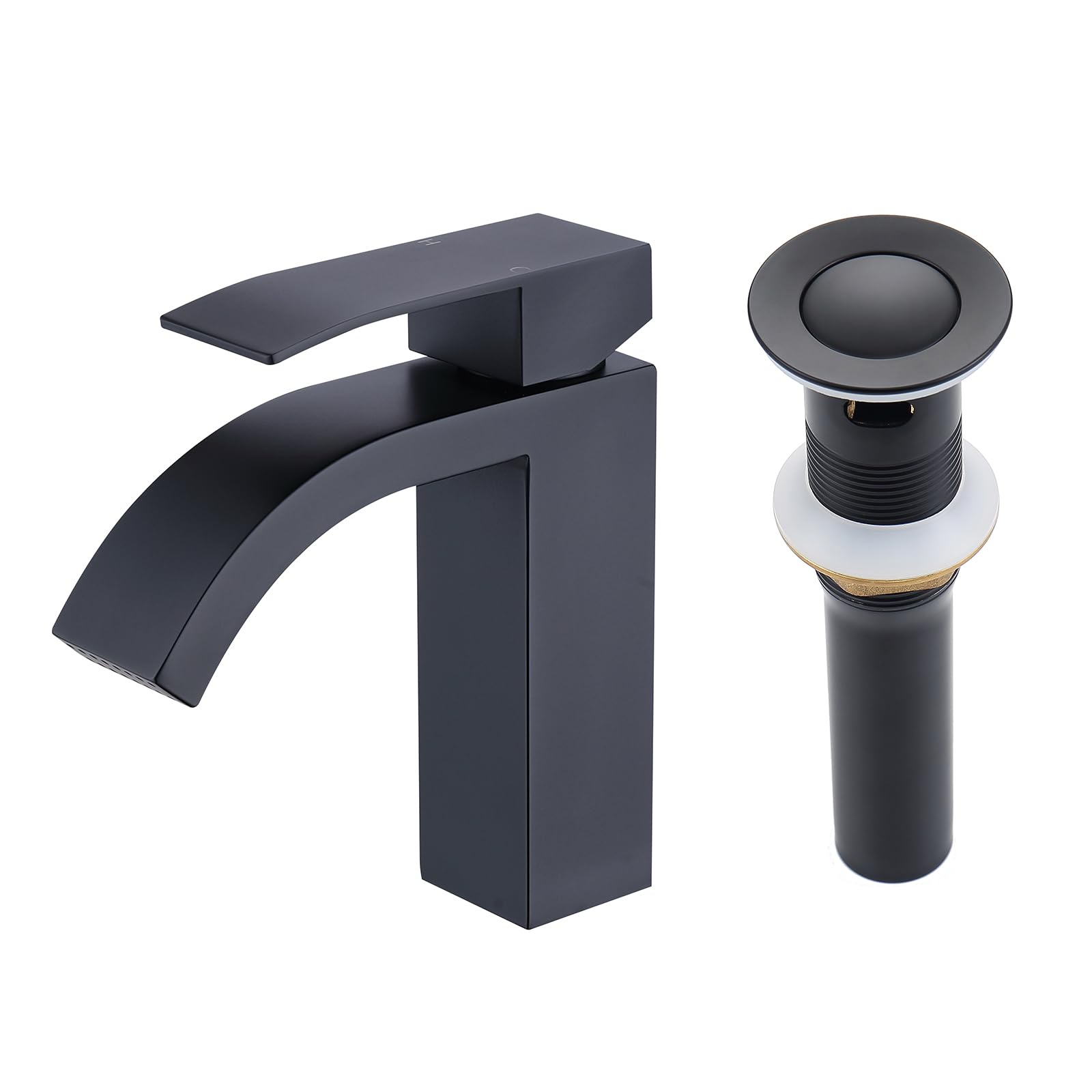 Sxithgkdw Black Bathroom Faucets 【Sus304 Stainless Steel】 Matte Waterfall Bathroom Faucet 1 Hole + Matte Sink Drain With Overflow Pop Up Sink Drain Stopper, Sf4+Sd40-Bk