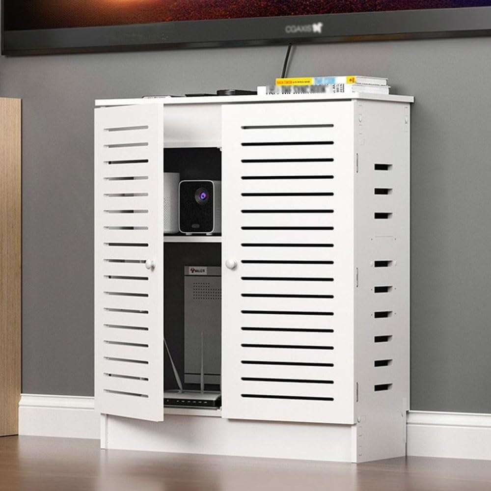 Meuble de rangement sur pied pour routeur et modem avec gestion des câbles pour box internet
