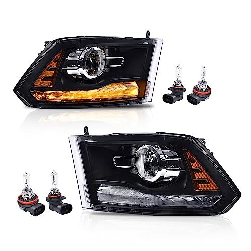 Image of GRAND ORANGE LED Bar Plank Style Headlights Assembly Compatible with 2013-2018 Dodge Ram 1500 2500 3500 FACTORY PROJECTOR 9 PIN MODEL Clear Lens Black Housing Amber Reflector