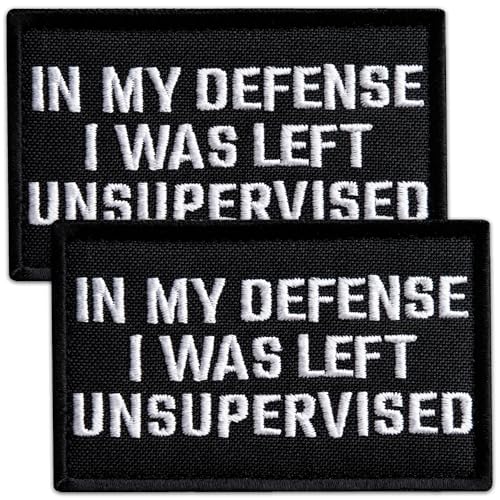Bluyellow 2Pcs In My Defense I Was Left Unsupervised Patch Set, Embroidered Hook & Loop Funny Morale Patches for Tactical Backpack, Bulletproof Vest, Tactical Helmet, Dog Vest Harness, Black, 2x3 Inch