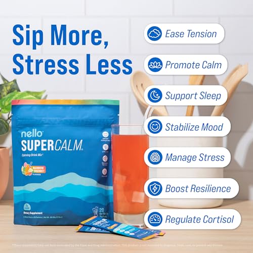 Image of Nello Supercalm Powdered Drink Mix, Cortisol Reducer and Sleep Aid Supplement, L Theanine, Ksm-66 Ashwagandha, Magnesium Glycinate, Vitamin D 3, No Sugar, Non GMO, On The Go, 20 Ct, Rainbow Sherbet