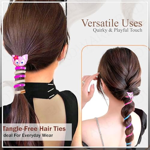 Image of BIRDWARE Rainbow Pack of 5 Colorful Telephone Wire Spiral Hair Ties with Cute Cartoon Designs - Elastic, No-Crease Bands for Kids and Women