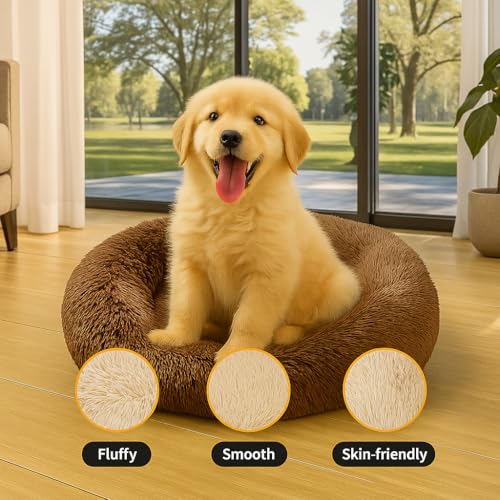 Image of RvPaws Calming Dog & Cat Bed for Small Dogs, Anti-Anxiety Donut Cuddler Cozy Soft Round, Fluffy Faux Fur Plush Cushion Beds for Medium Dogs - (Brown Color, 20 Inch, Small Size)