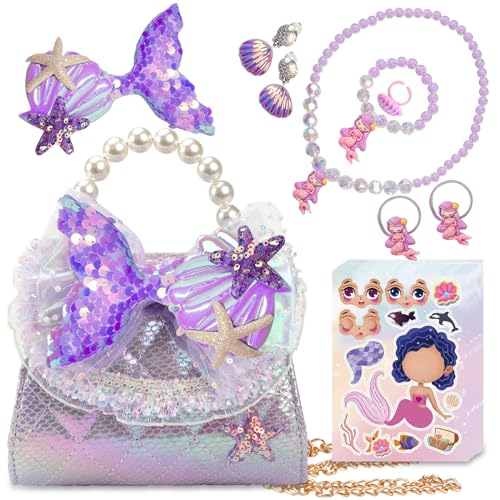 Sirena Bolso Bandolera Niña, Mini Princesa Portatodo con Conjunto de Joyas de Vestir para...