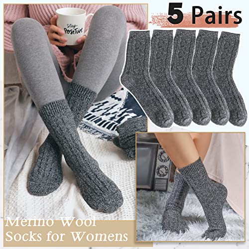 EBMORE 5 Pairs Merino Wool Socks for Women Thermal Warm Thick Winter Hiking Knit Cozy Crew Duty Work Soft Socks Stocking Stuffers Gift for Ladies 5 Pack(Grey(5 Pairs)) by EBMORE - Image 2