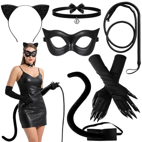 DHDHCPZZ 6 Stück Set Katzenkostüm Damen Catwoman Kostüm Damen Katze Kostüm Katze Kostüm Damen Für Halloween-Partys Rollenspielveranstaltungen Karneval Oder Fotografie
