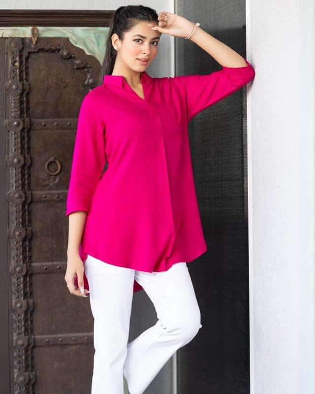 Image of Mlada Rayon Flare Top for Women | 3 /4th Sleeve Regular Fit and Flare Top | Women Office Tops Tunic | Western Long Shirt Top for Women | Shirt Collar Top for Women | Rayon Tunic Tops for Women Western